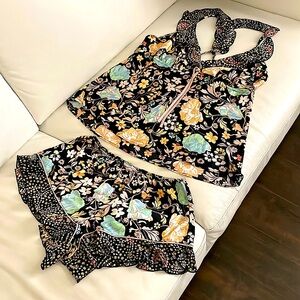 Babydoll pajama set L top S shorts Victoria’s Secret black ruffle polka floral